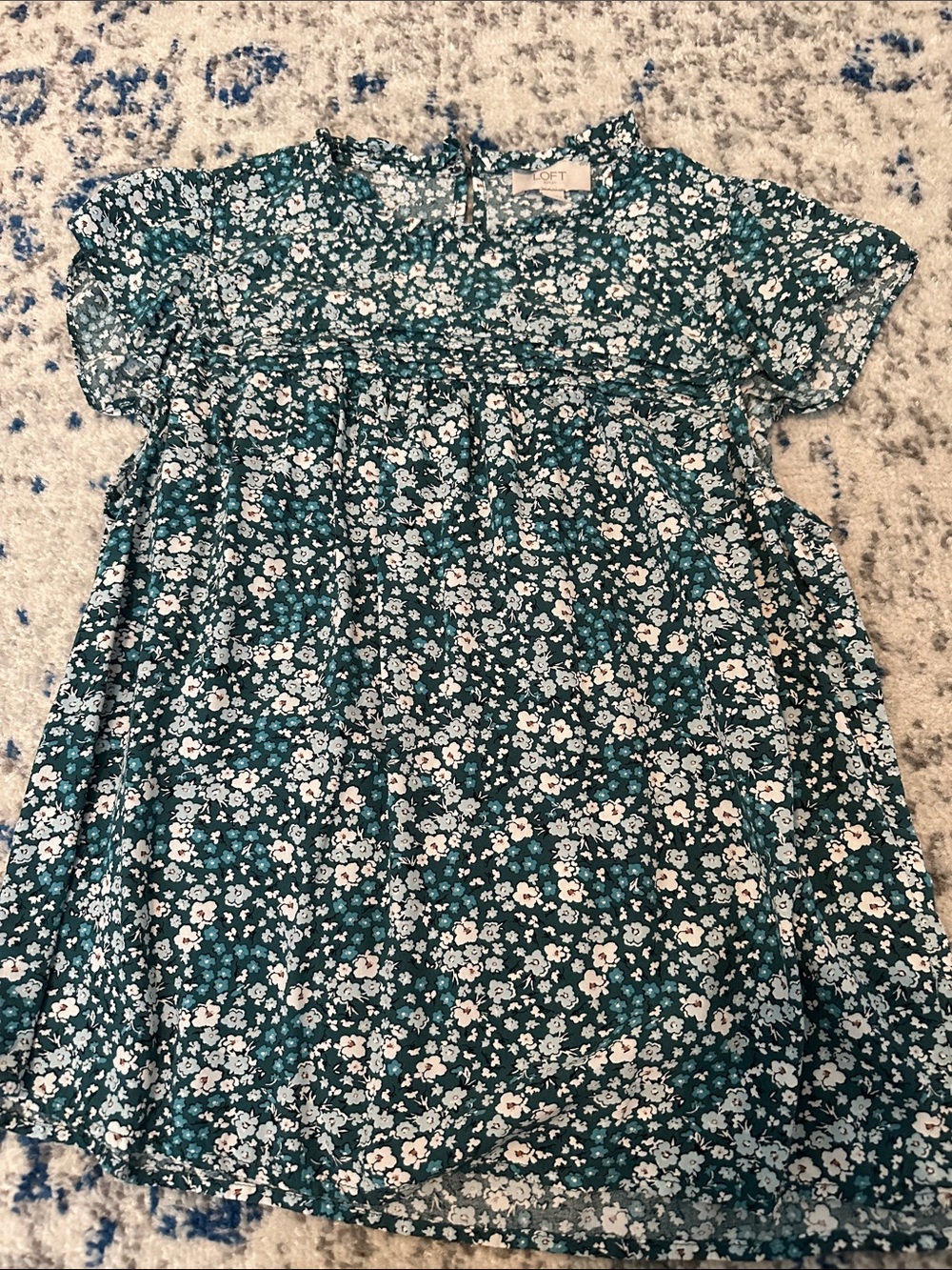 LOFT Teal and White Floral Babydoll Top